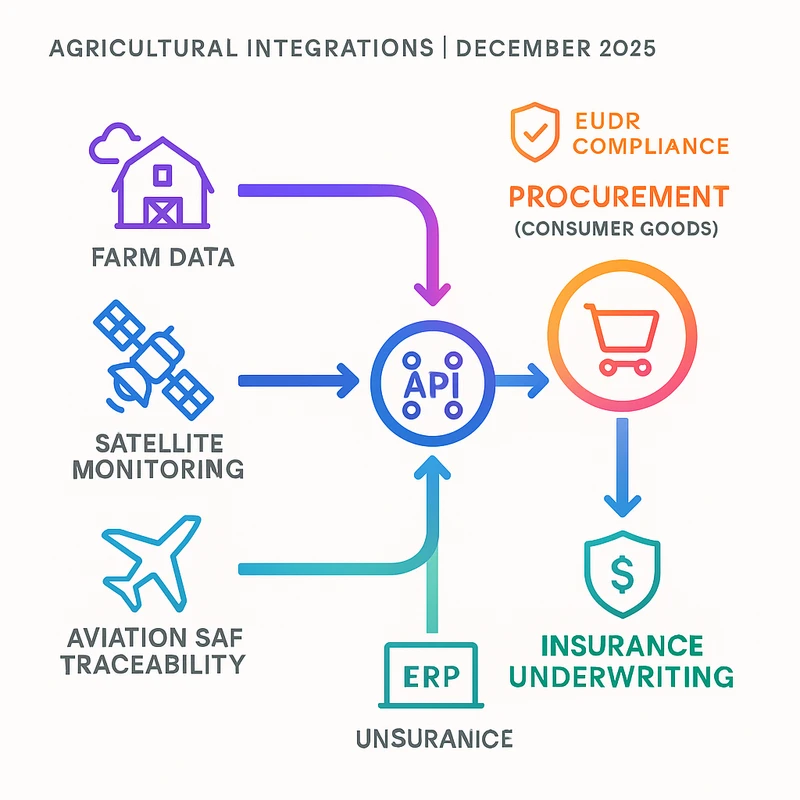 Flow diagram showing AgriTech data feeding procurement, aviation SAF traceability, and insurance underwriting