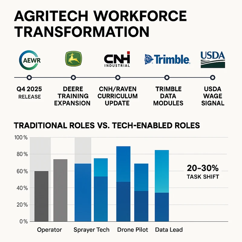 Timeline and bar chart showing late-2025 policy update and OEM training milestones with a 20–30% shift to tech-enabled farm roles
