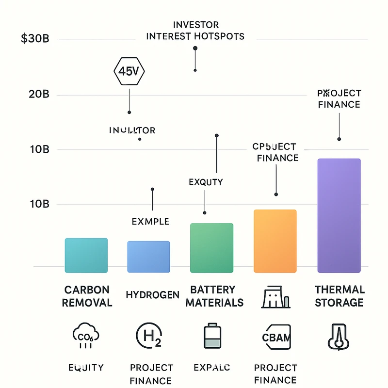 Bar chart comparing climate tech valuation ranges in late Q4 2025 across key segments with annotations on policy catalysts.