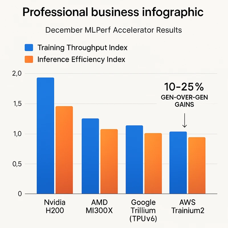 Grouped bar chart comparing training throughput and inference efficiency for five AI accelerators from December MLPerf.