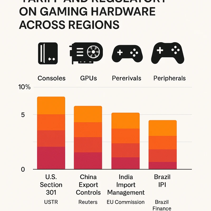 Segmented bar chart comparing tariff and regulatory impacts on gaming hardware across U.S., China, India, EU, and Brazil