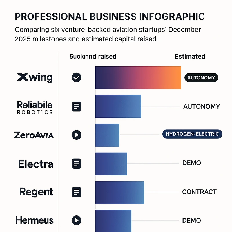 Segmented bar chart comparing six aviation startups' Q4 2025 milestones and funding ranges