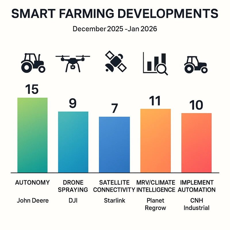 Bar chart comparing five next-gen Smart Farming developments and associated companies in late 2025 to early 2026