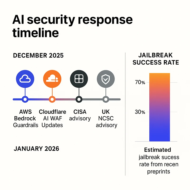 Timeline infographic showing December–January AI security advisories and vendor guardrail updates, plus a bar chart of jailbreak success rates.