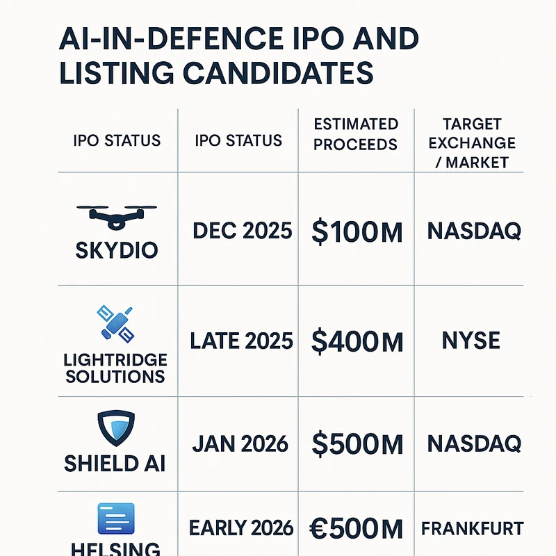 Matrix infographic showing IPO status, estimated proceeds, and target markets for Skydio, LightRidge, Shield AI, and Helsing in Dec 2025–Jan 2026