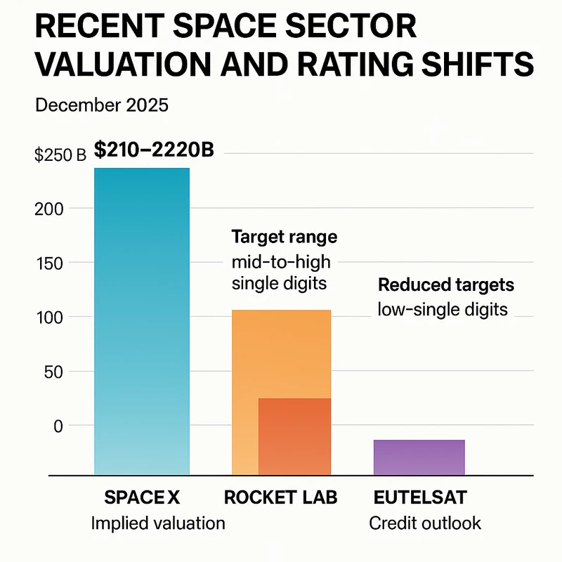 Bar chart comparing SpaceX tender valuation and analyst target ranges for Rocket Lab and Virgin Galactic with Eutelsat credit outlook marker
