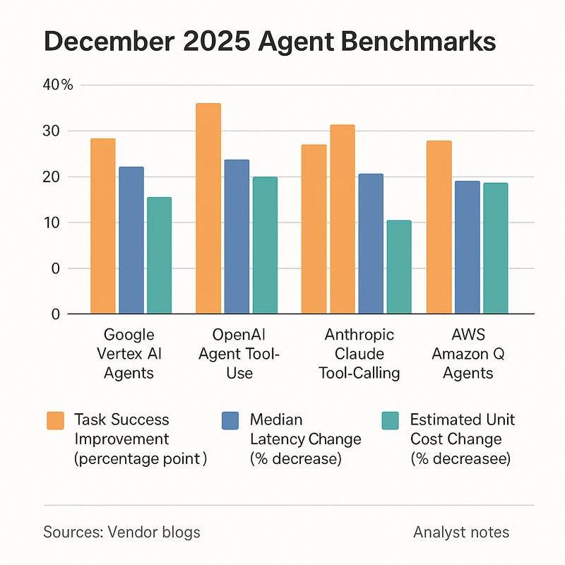 Grouped bar chart comparing agent task success gains, latency reductions, and cost declines for major vendors in December 2025