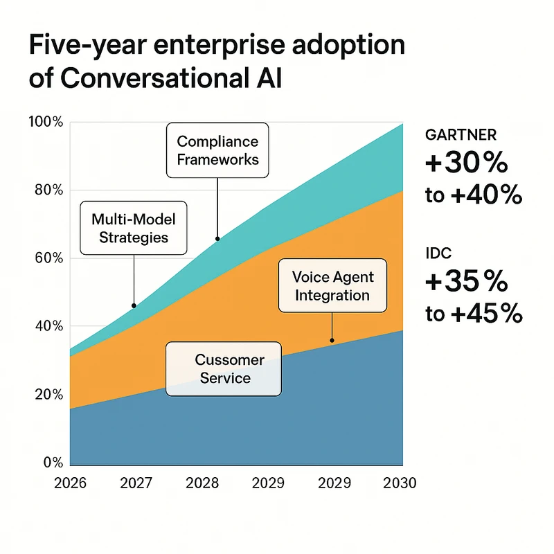 Stacked area chart showing enterprise conversational AI adoption across functions from 2026 to 2030