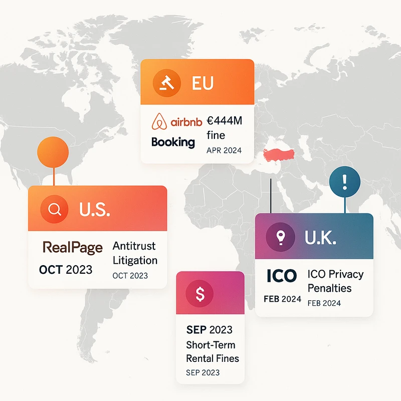 Map infographic showing EU, U.S., and U.K. PropTech enforcement actions in Dec 2025–Jan 2026