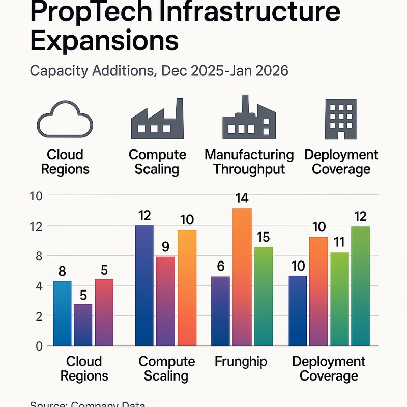 Grouped bar chart showing PropTech capacity expansions across cloud regions, compute, manufacturing, and deployments in Dec 2025–Jan 2026