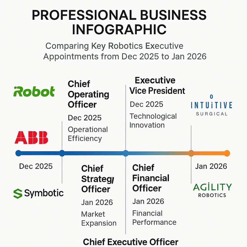 Timeline infographic showing robotics executive appointments and effective dates across major firms in Dec 2025–Jan 2026