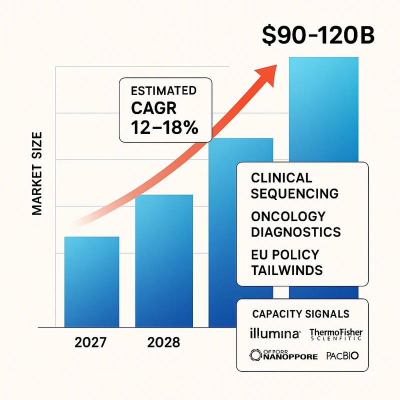 Bar and line chart depicting genomics market growth from 2026 to 2030 with CAGR bands