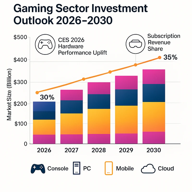 Stacked bar chart of gaming market size 2026–2030 with subscription share line