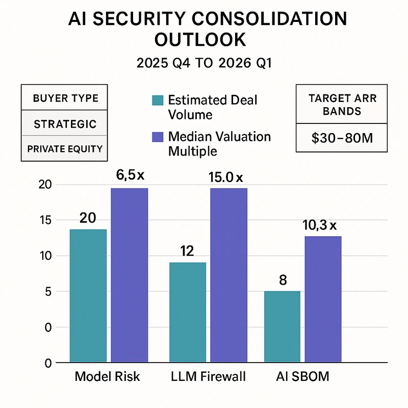 Grouped bar chart comparing AI security deals and valuation multiples by category from late 2025 to early 2026