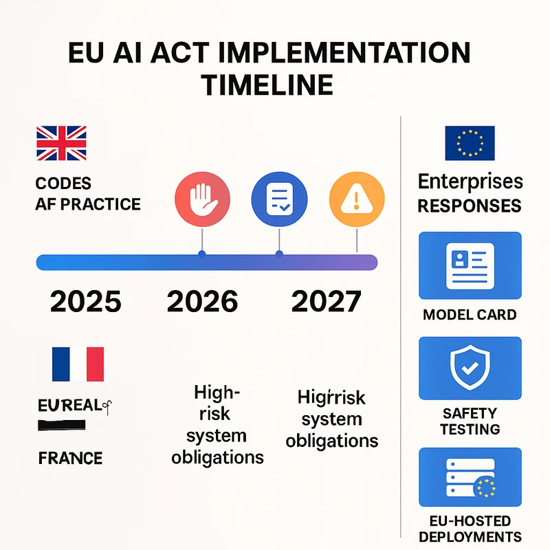 Timeline infographic of EU AI Act milestones and UK and French regulatory actions from 2025 to 2027