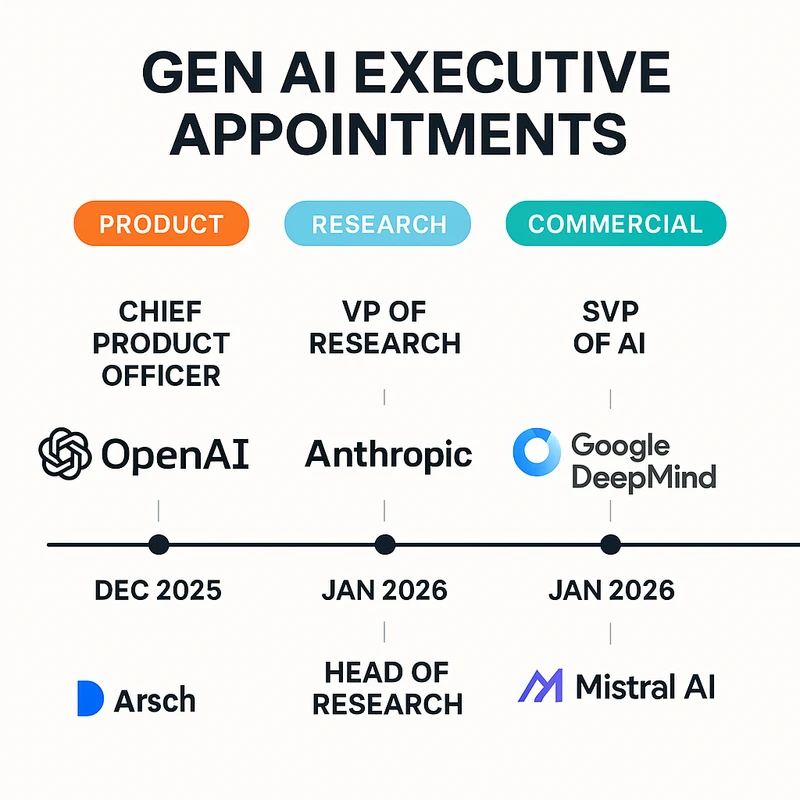Timeline chart showing AI executive appointments from Dec 2025 to Jan 2026 at major AI labs