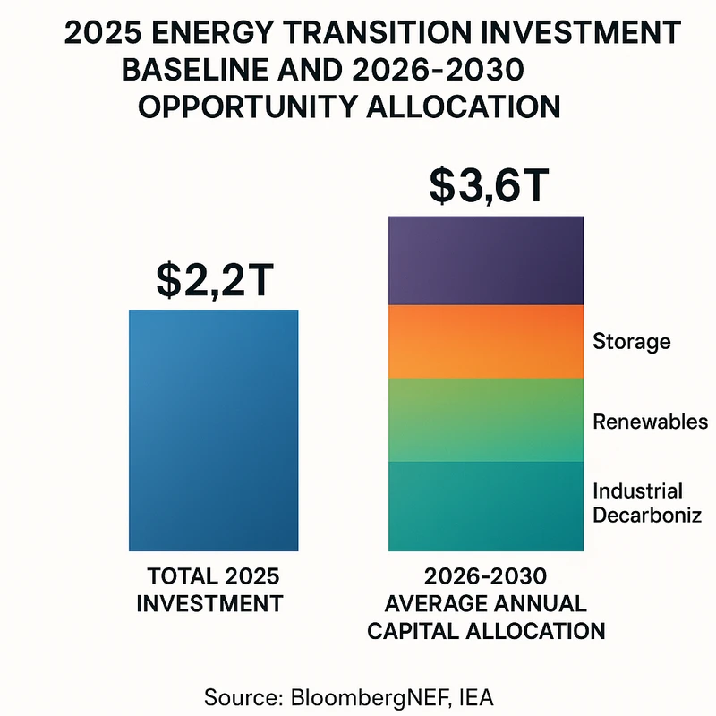 Stacked bar chart showing 2025 energy transition investment baseline and 2026-2030 allocation by theme