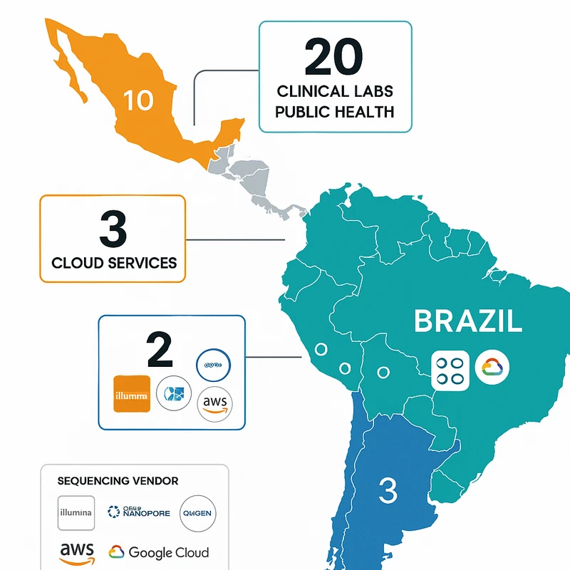Map infographic of Latin America highlighting genomics partnerships in Brazil, Mexico, and Chile