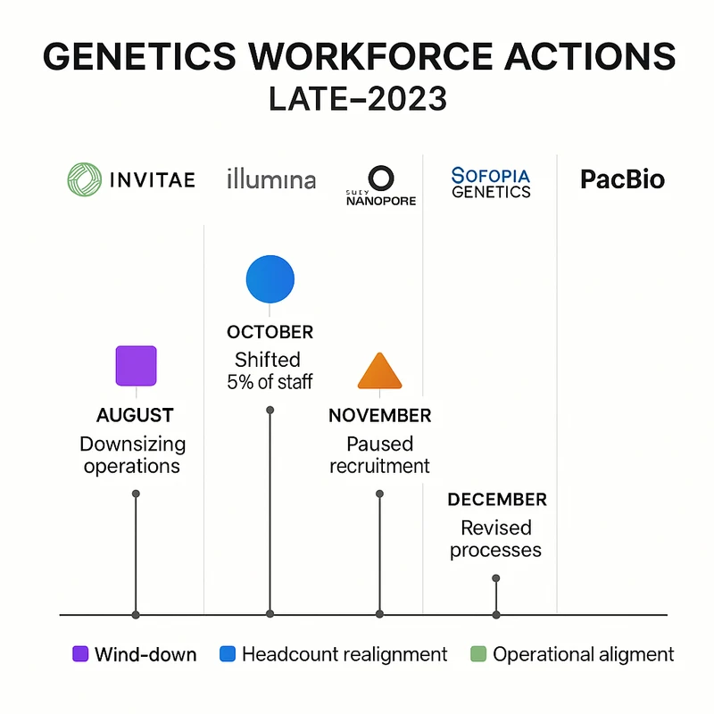 Timeline infographic showing workforce actions by Invitae, Illumina, Oxford Nanopore, SOPHiA GENETICS, and PacBio in Dec 2025.