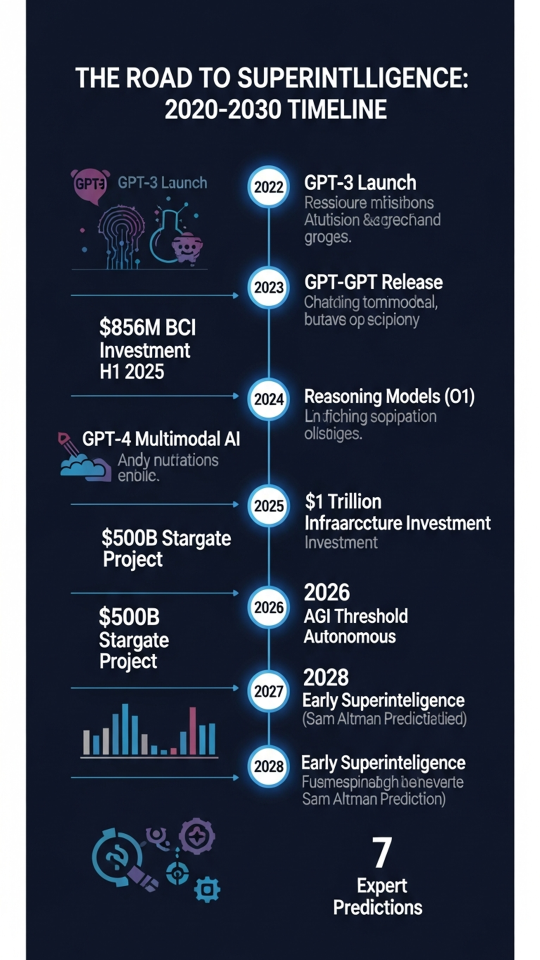 Vertical infographic showing the progression from narrow AI through AGI to superintelligence with key milestones and expert predictions mapped along a 2020–2030 timeline