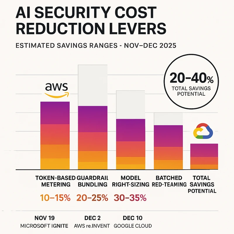 Grouped bar chart showing estimated 20–40% AI security cost reductions from bundling, token metering, and model right-sizing with a timeline of Nov–Dec 2025 announcements.